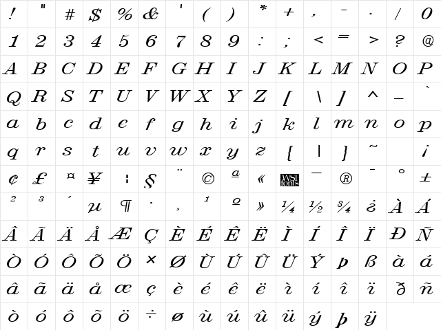 RubyScriptBroad Regular  glyph index