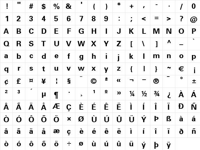 Univers 65 Bold Regular  glyph index