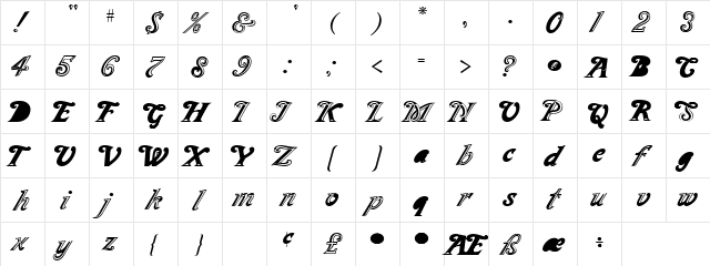 Milano Regular  glyph index