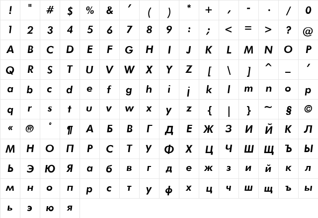 Futura_Book-Bold-Italic Regular  glyph index