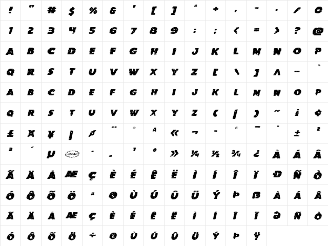 Goblin Creek Expanded Italic Expanded Italic  glyph index