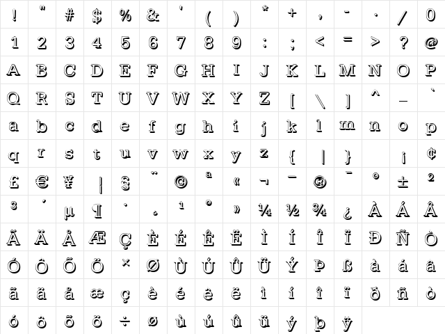 TypewriterSh Regular  glyph index