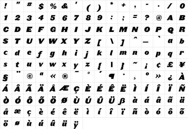 Leviathan HTF-Black-Italic  glyph index