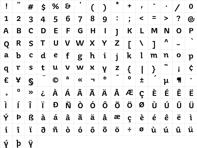 Juvenis Book Book Bold  glyph index