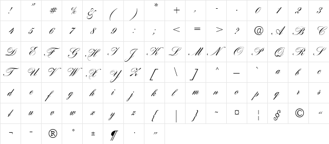 Hogarth script Regular  glyph index