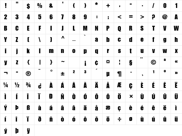 Impact LT Std Roman  glyph index