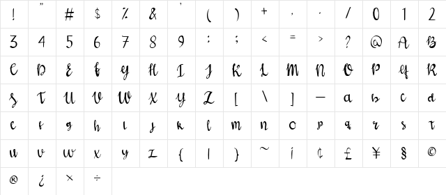 Shalihaa Regular  glyph index
