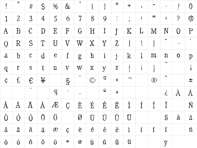 CalgaryAntique-Xlight Regular  glyph index