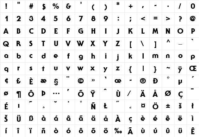 SerifGothic-Heavy Regular  glyph index