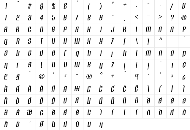 TFCavalier Regular  glyph index