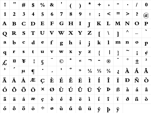 Bembo Extra Bold  glyph index