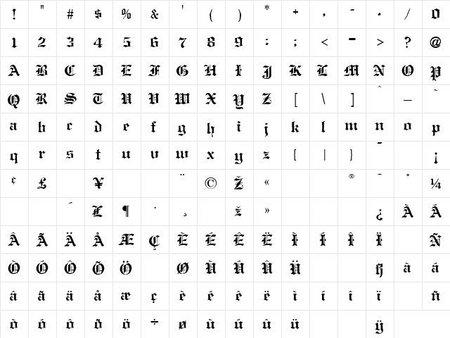 Antique Black Normal  glyph index