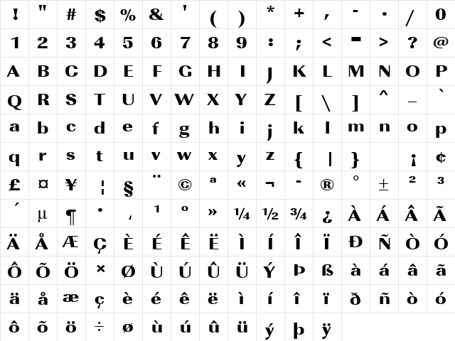 URWImperialTUltBolExtWid Regular  glyph index
