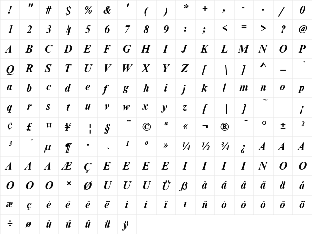 TurkishTimesSSK BoldItalic  glyph index