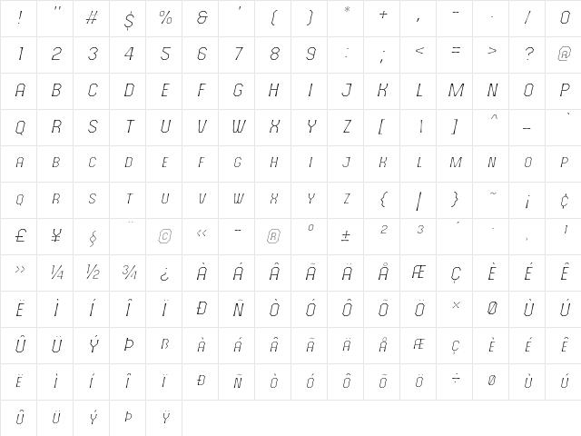 The October Two Light Italic  glyph index