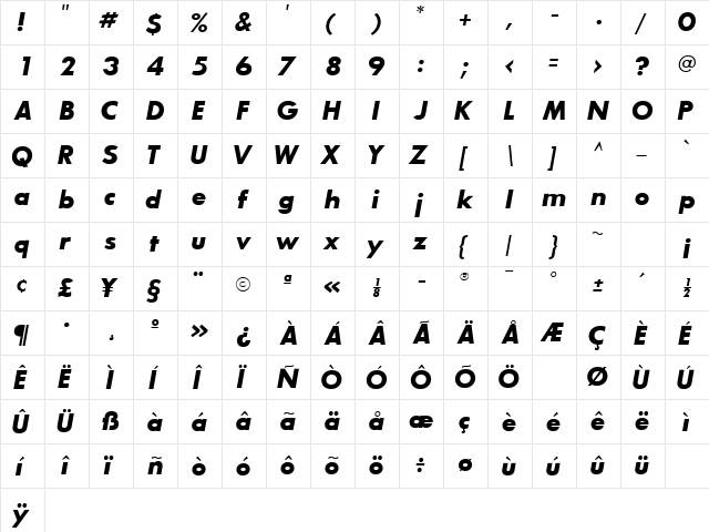 BouganBlackSSK Bold Italic  glyph index