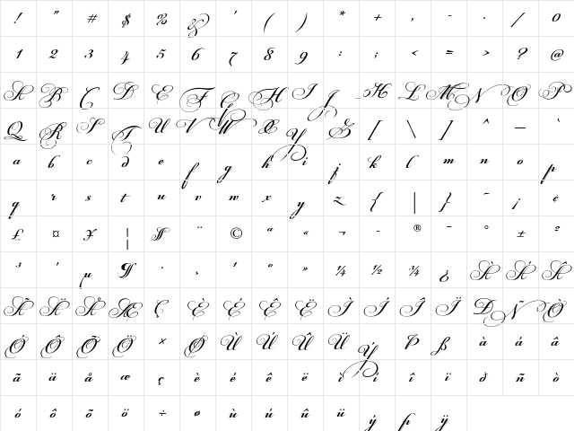 PF Champion Script Pro Bold  glyph index