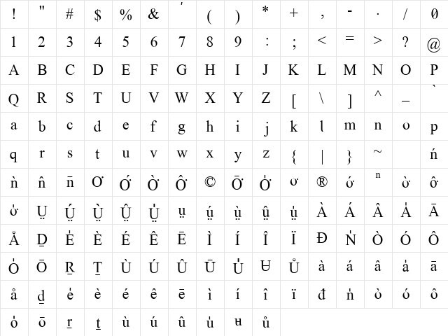 Taiwanese Serif Regular  glyph index