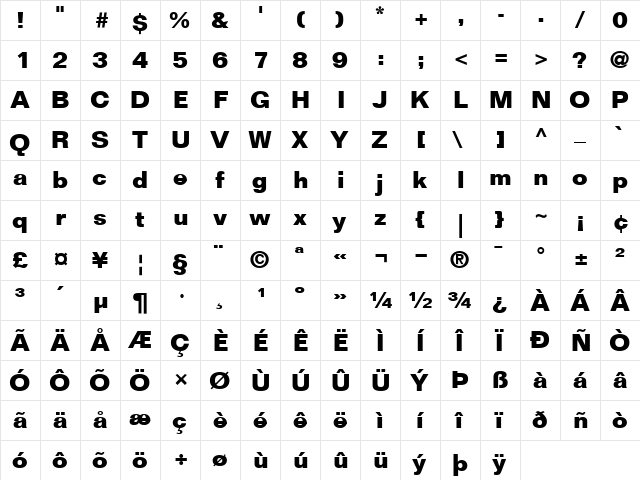 Folio Bold  glyph index