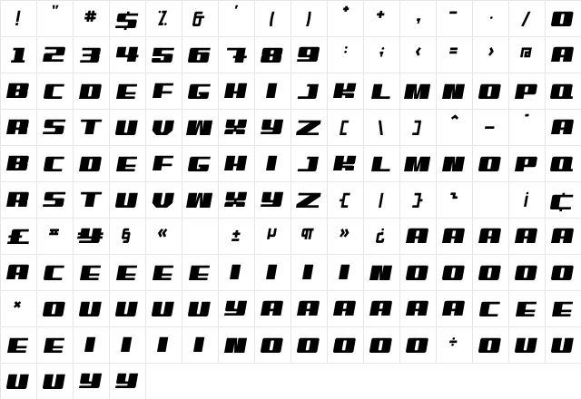 Benn Free  glyph index