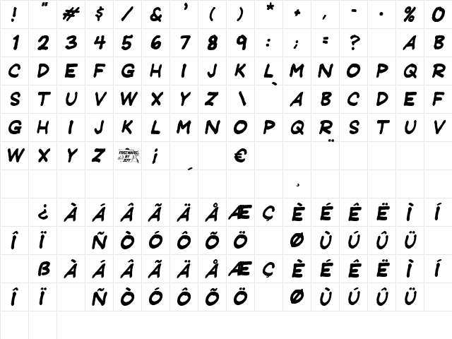 JeffreyPrint JL Italic  glyph index