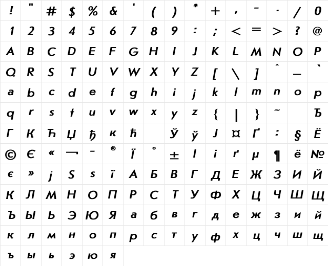 JournalSans Bold Italic  glyph index