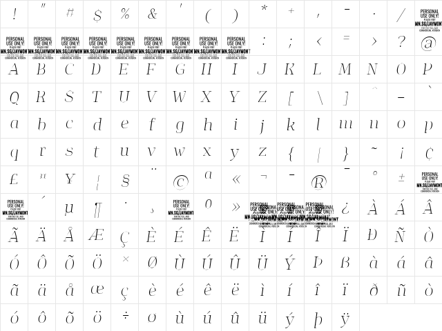 Jaymont PERSONAL Thin Italic  glyph index