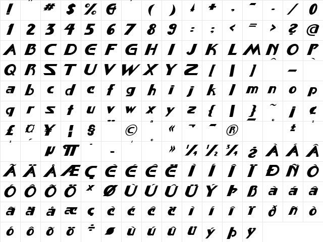 Star Cinema Bold Italic  glyph index