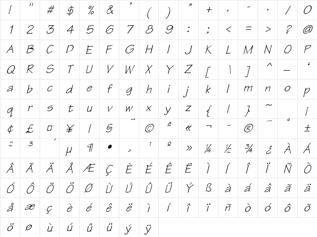 Technical Oblique  glyph index
