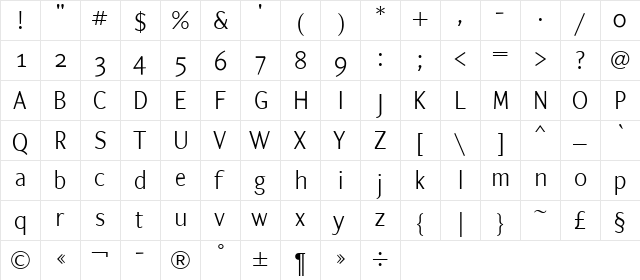 ArtemiusSans SN Light TT Regular  glyph index