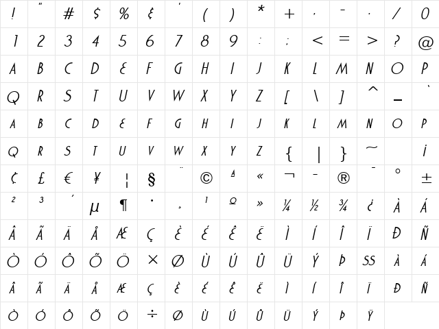 Marquisette BTN Oblique  glyph index