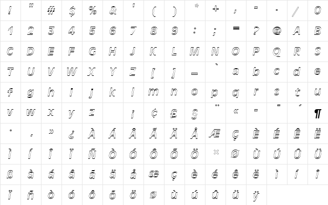 AntiqueOliTRegItaOu1 Regular  glyph index