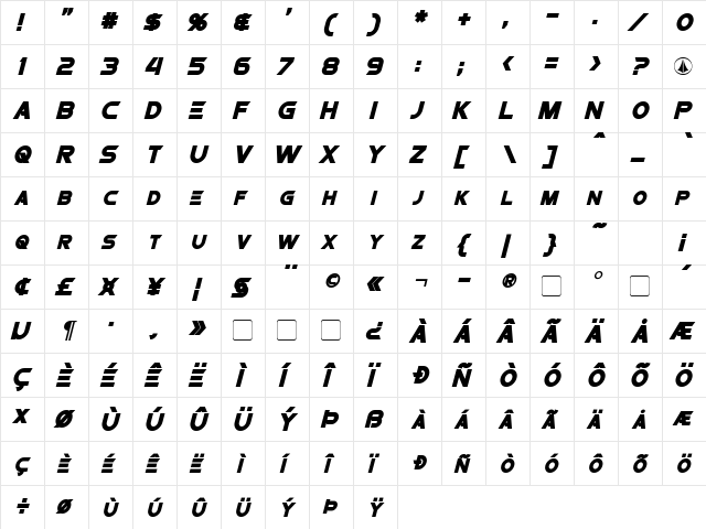 Protoculture Bold Italic  glyph index