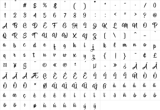 Hisyam Script Personal Use Regular  glyph index