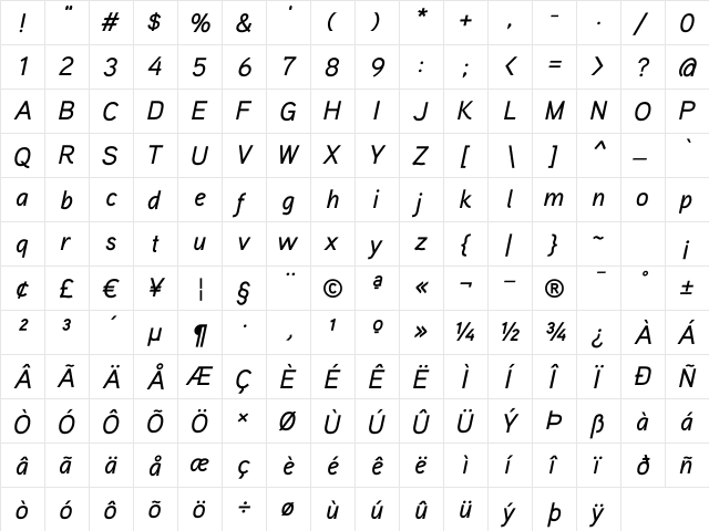 Aaux ProMedium Italic Regular  glyph index