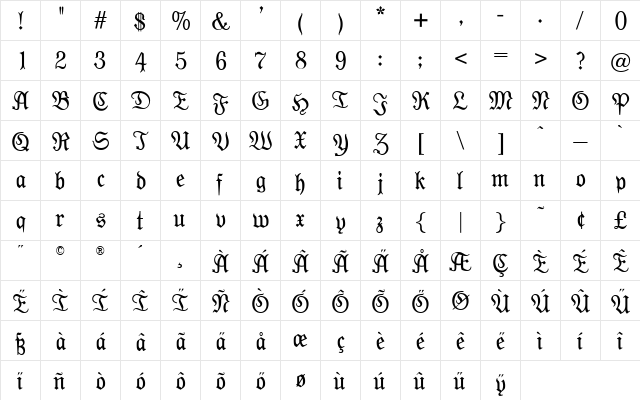 OPTIModern Regular  glyph index
