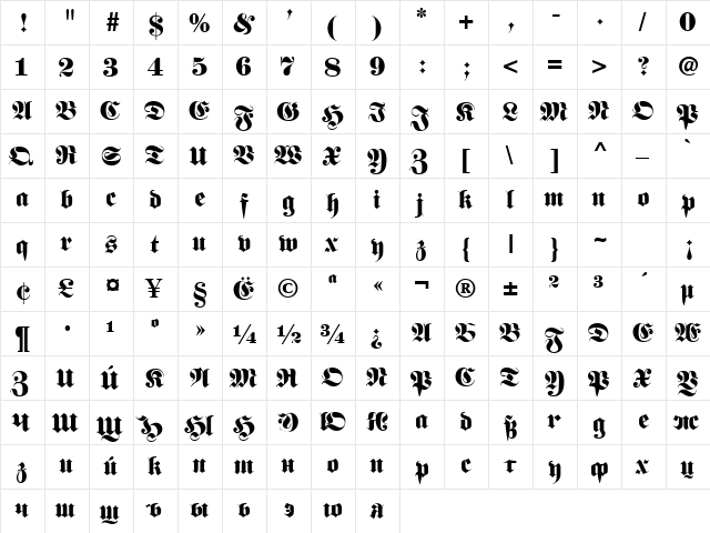 Frankenstein Cyr Regular  glyph index