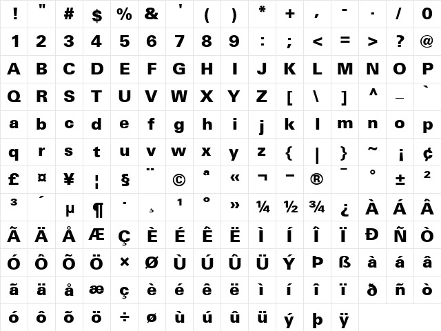 Univers75-Black Black  glyph index