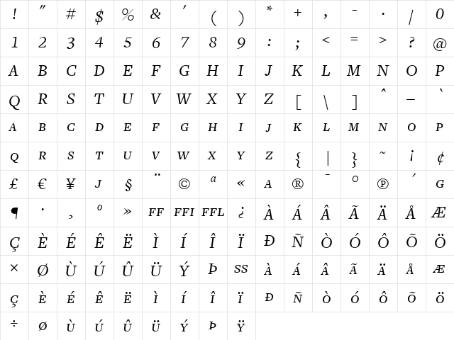 FreightText BookItalicSC  glyph index