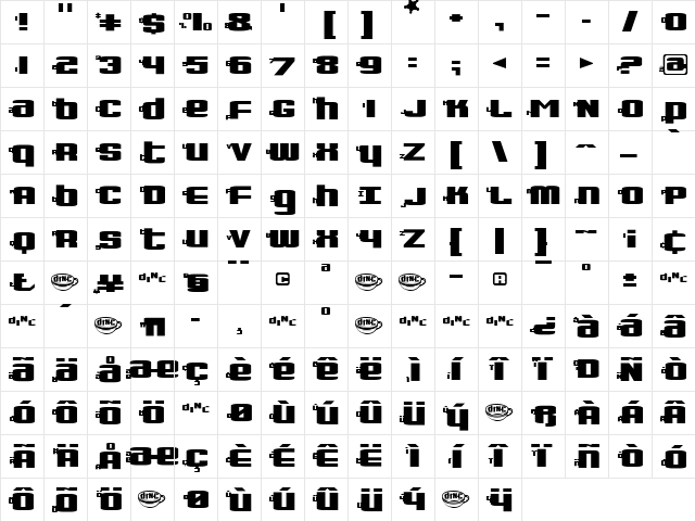 Dinette Regular  glyph index