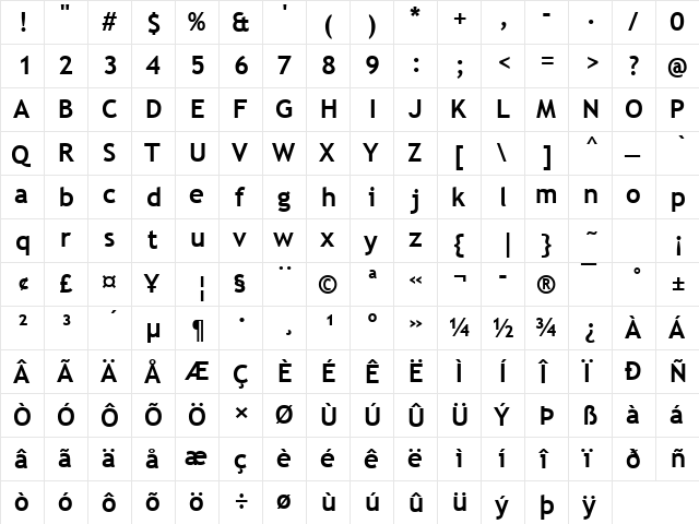 Trebuchet MS Bold  glyph index