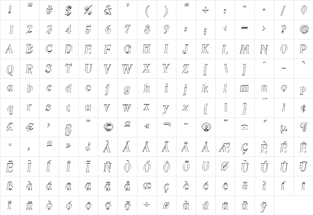 ThomasBeckerOutline Bold Italic  glyph index