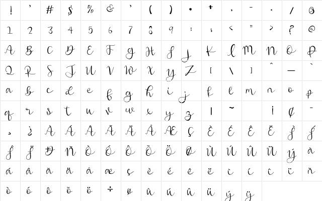 Hi Baby Regular  glyph index