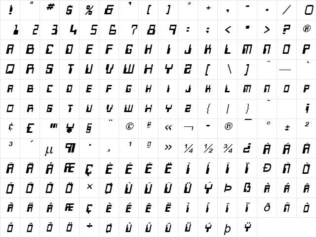 Keys Italic  glyph index