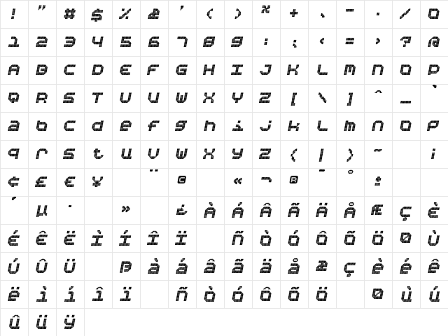 BpositiveItalic Regular  glyph index