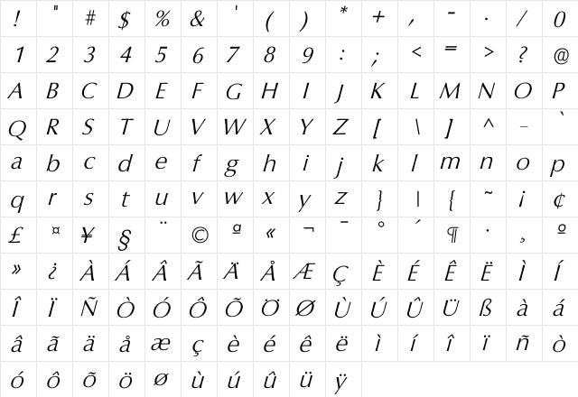 Icoluku Light  glyph index
