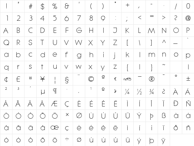 Lithe Regular  glyph index