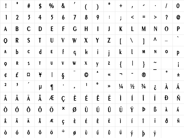 Pare Condensed Bold  glyph index