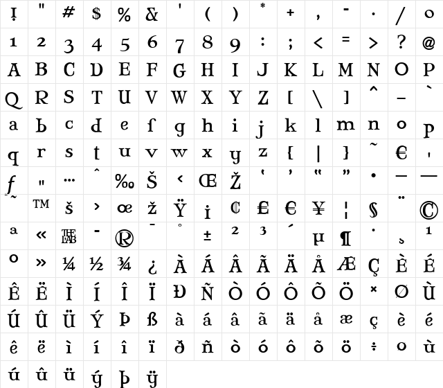 Mary Jane Antique Regular  glyph index