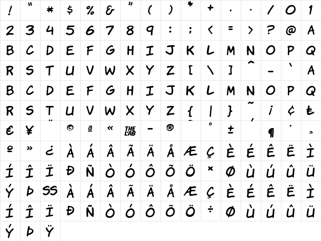 Komika Hand Regular  glyph index